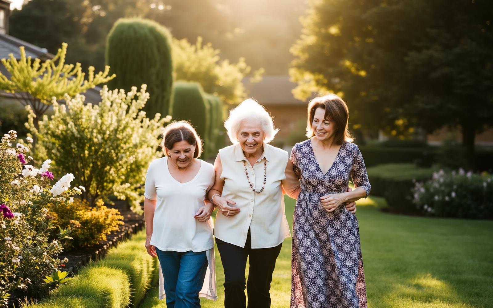 Three generations of a family walking together in a sunlit garden