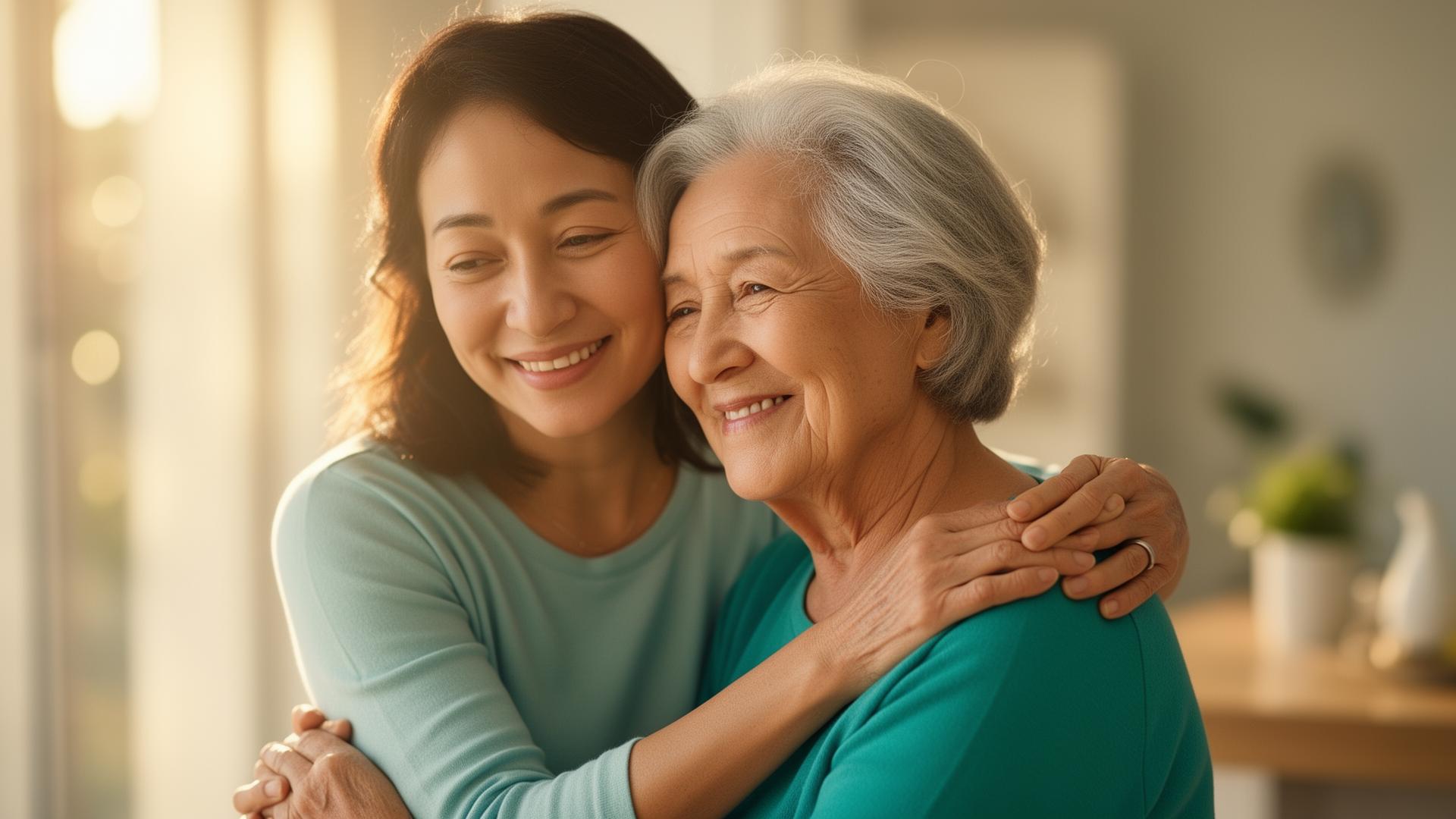 Adult daughter embracing her elderly mother in a sunlit home