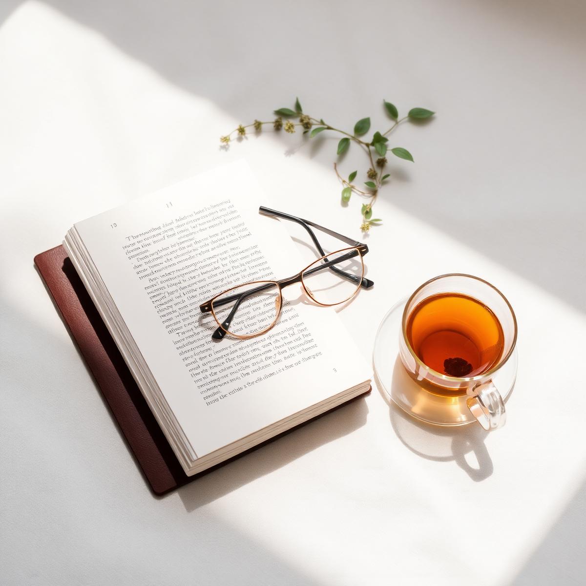 Open journal, reading glasses, and herbal tea in soft natural light